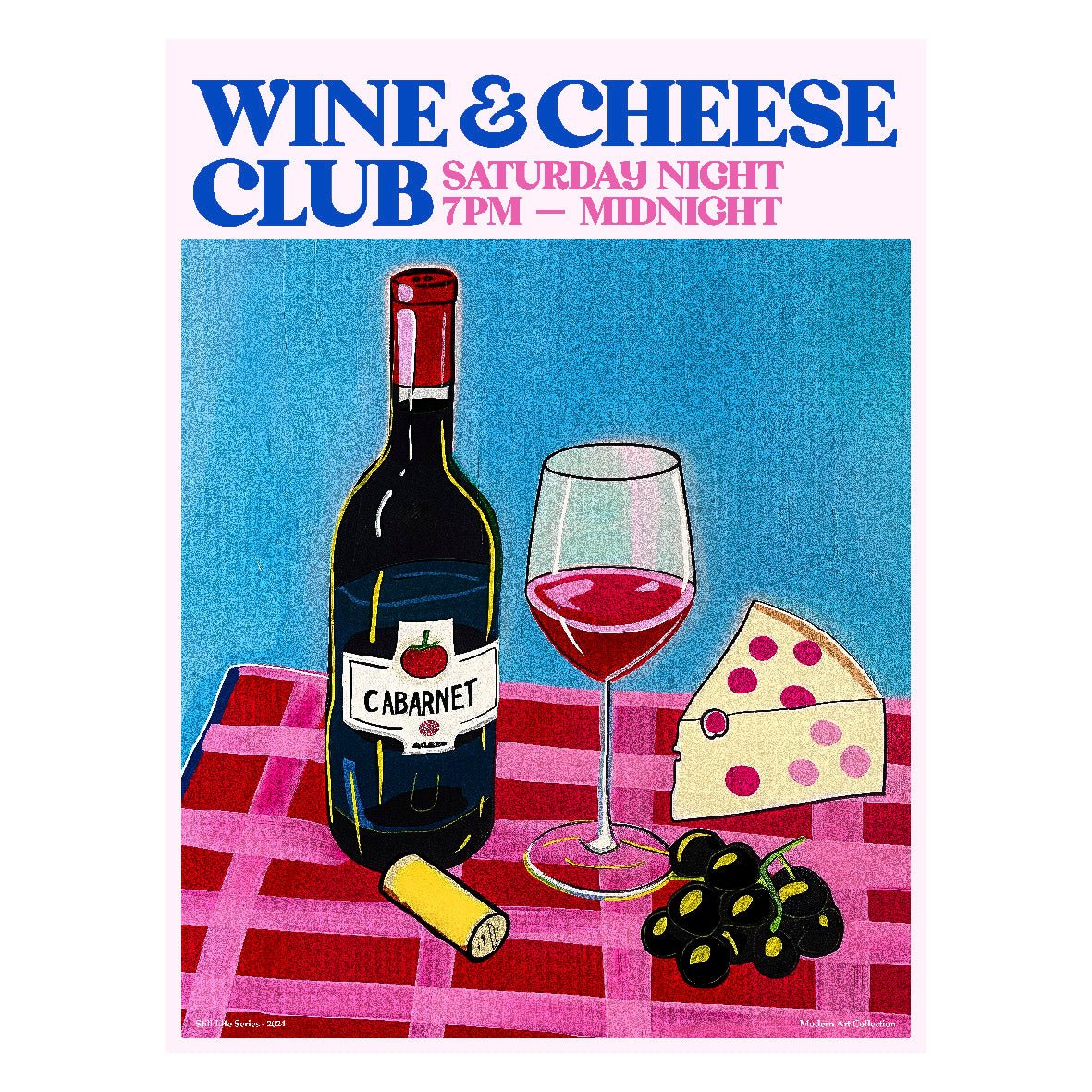 Decorative "Coctel Art Collection: Wine and Cheese Club" Poster | High - Quality Print | Repositionable Adhesive - Pasquín