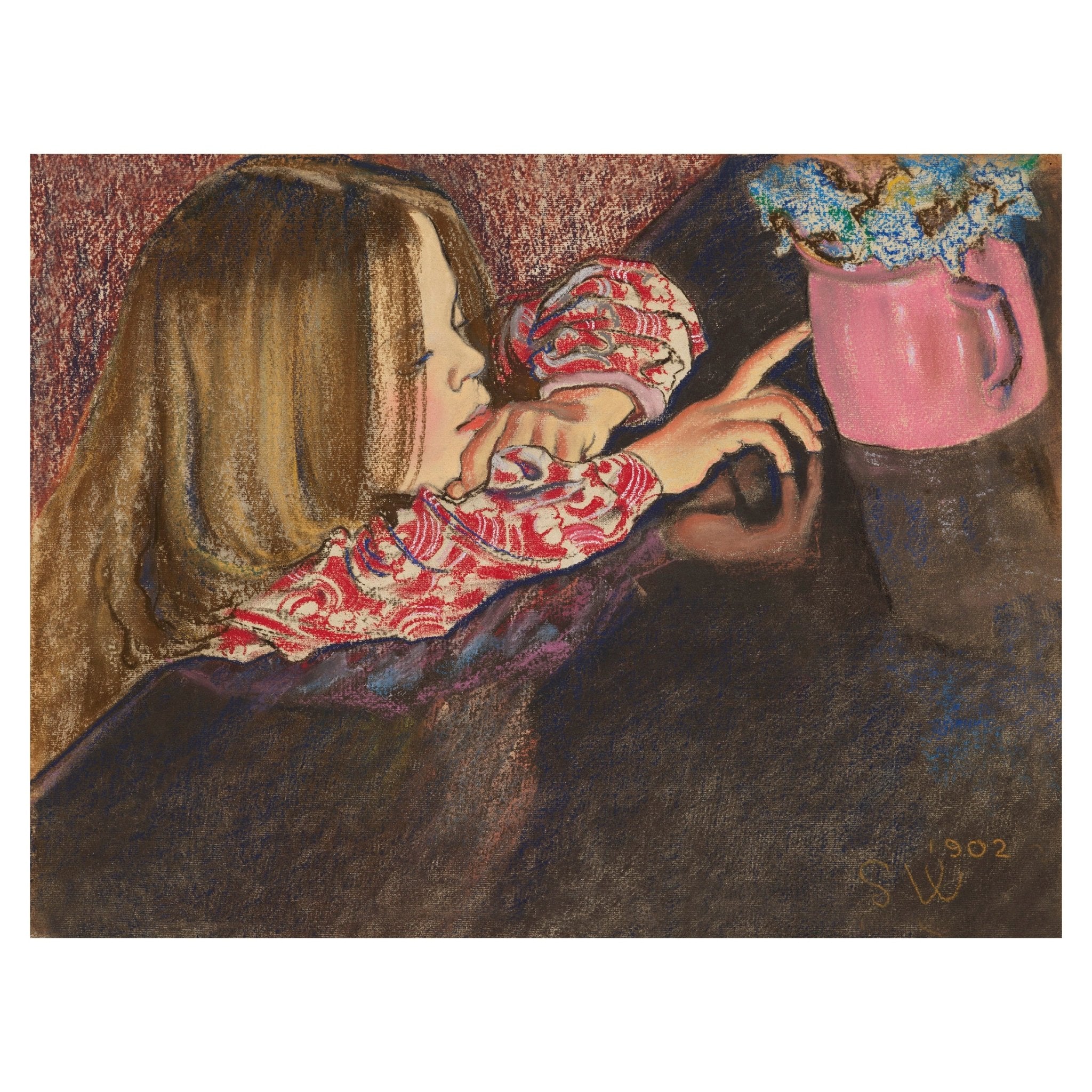 Decorative "Girl with a vase of flowers (1902)" by Stanislaw Wyspiansk Poster | High - Quality Print | Repositionable Adhesive - Pasquín