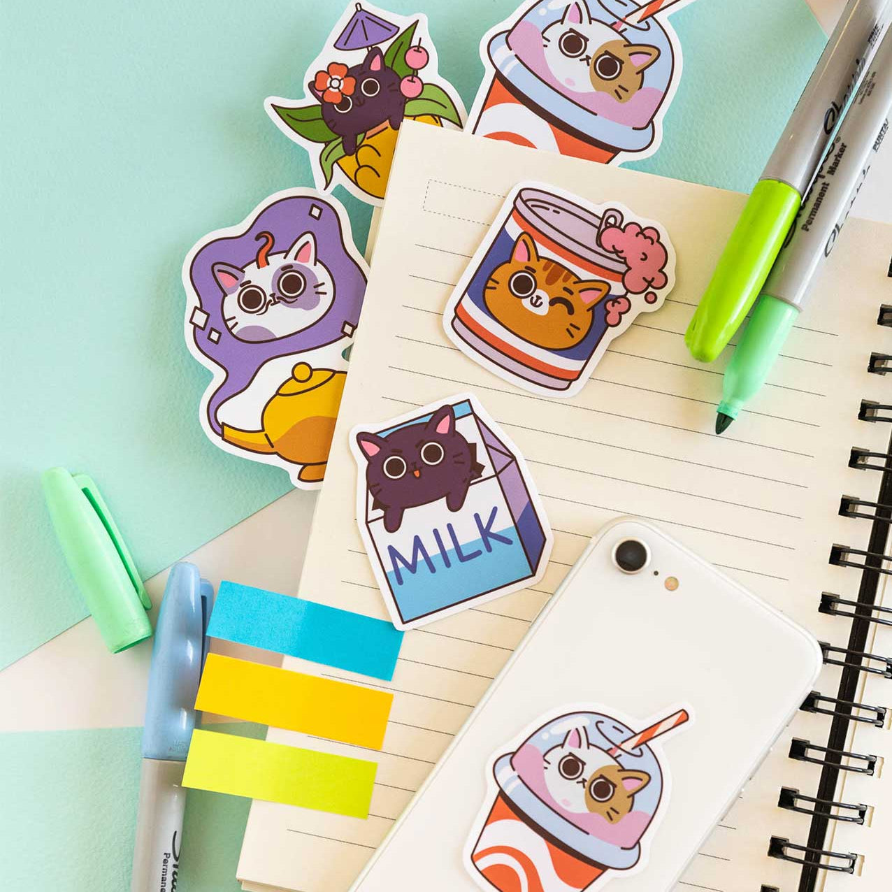 Set of 8 Reusable Stickers: Crazy Cats | High - Quality Print | Water - Resistant - Pasquín Store